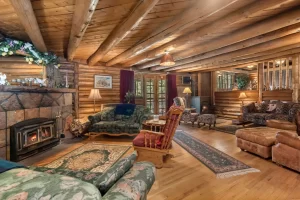 Cabin living room with fireplace and couches.